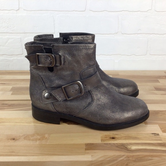 Bocage grey silver shiny ankle chelsea boot moto harness leather bikercore vegan - Picture 3 of 15